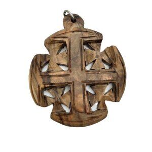 Vintage Carved Wooden Cross Pendant Jerusalem Cross Olivewood
